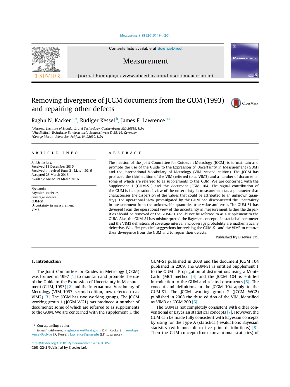 عکس صفحه اول مقاله: Removing divergence of JCGM documents from the GUM (1993) and repairing other defects Removing divergence of JCGM documents from the GUM (1993) and repairing other defects