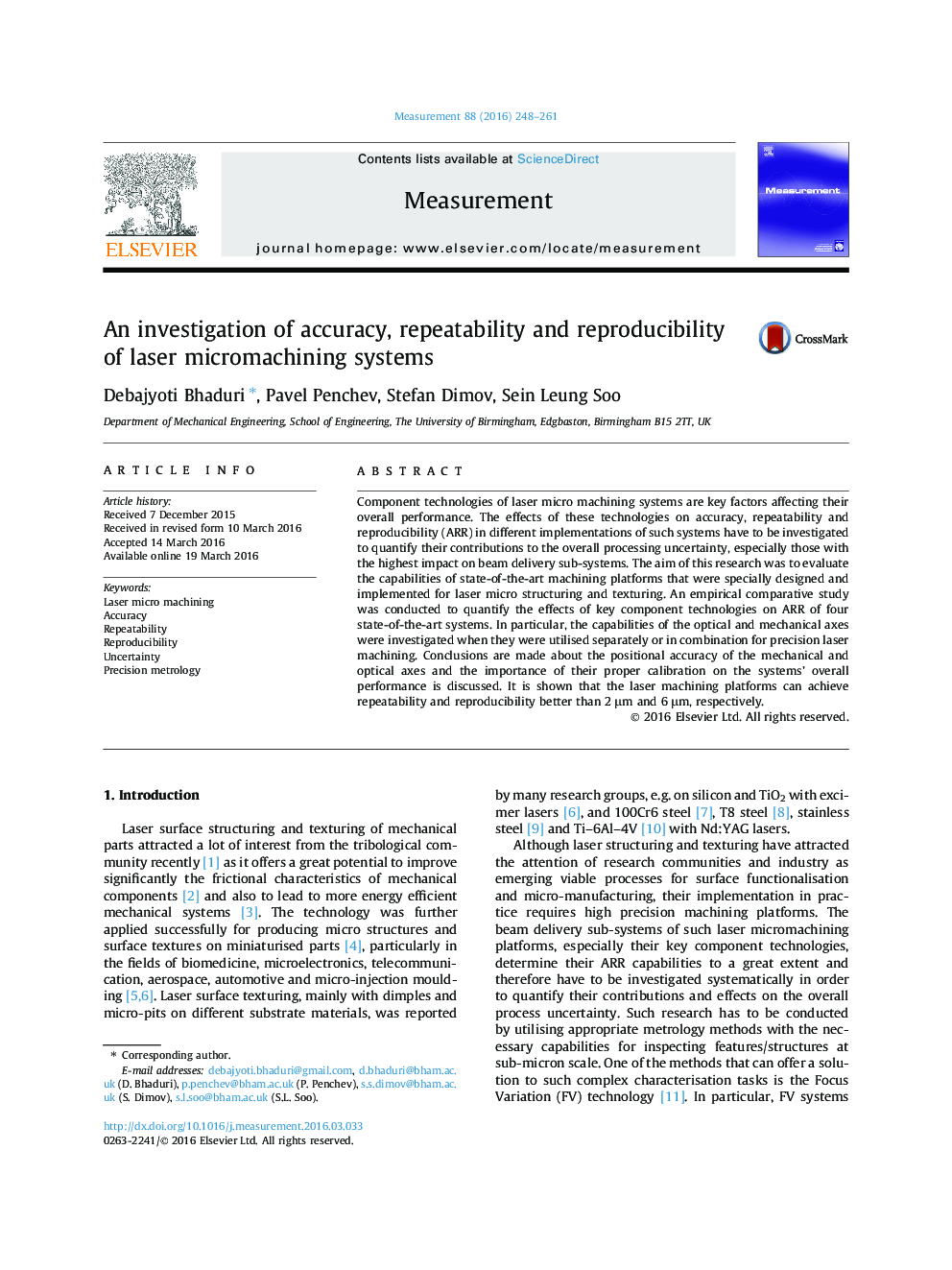 An investigation of accuracy, repeatability and reproducibility of laser micromachining systems