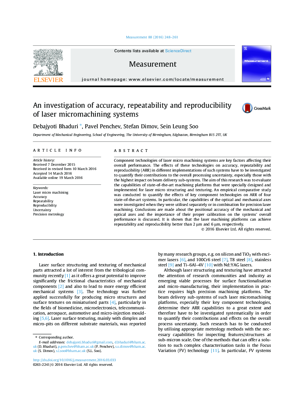 عکس صفحه اول مقاله: An investigation of accuracy, repeatability and reproducibility of laser micromachining systems An investigation of accuracy, repeatability and reproducibility of laser micromachining systems