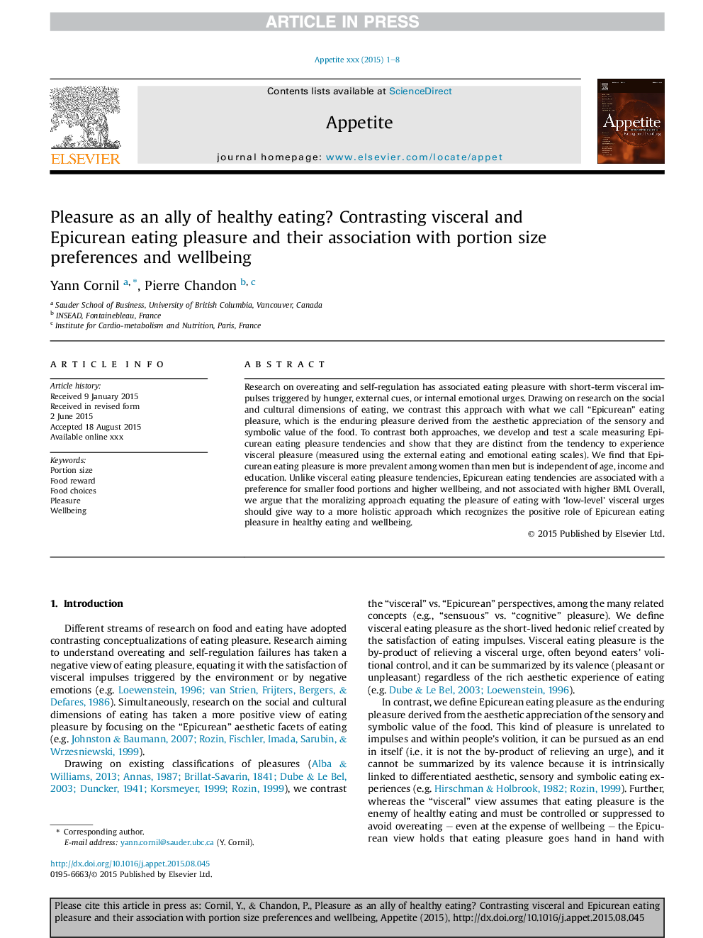 Pleasure as an ally of healthy eating? Contrasting visceral and Epicurean eating pleasure and their association with portion size preferences and wellbeing