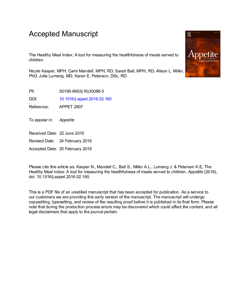 The Healthy Meal Index: A tool for measuring the healthfulness of meals served to children