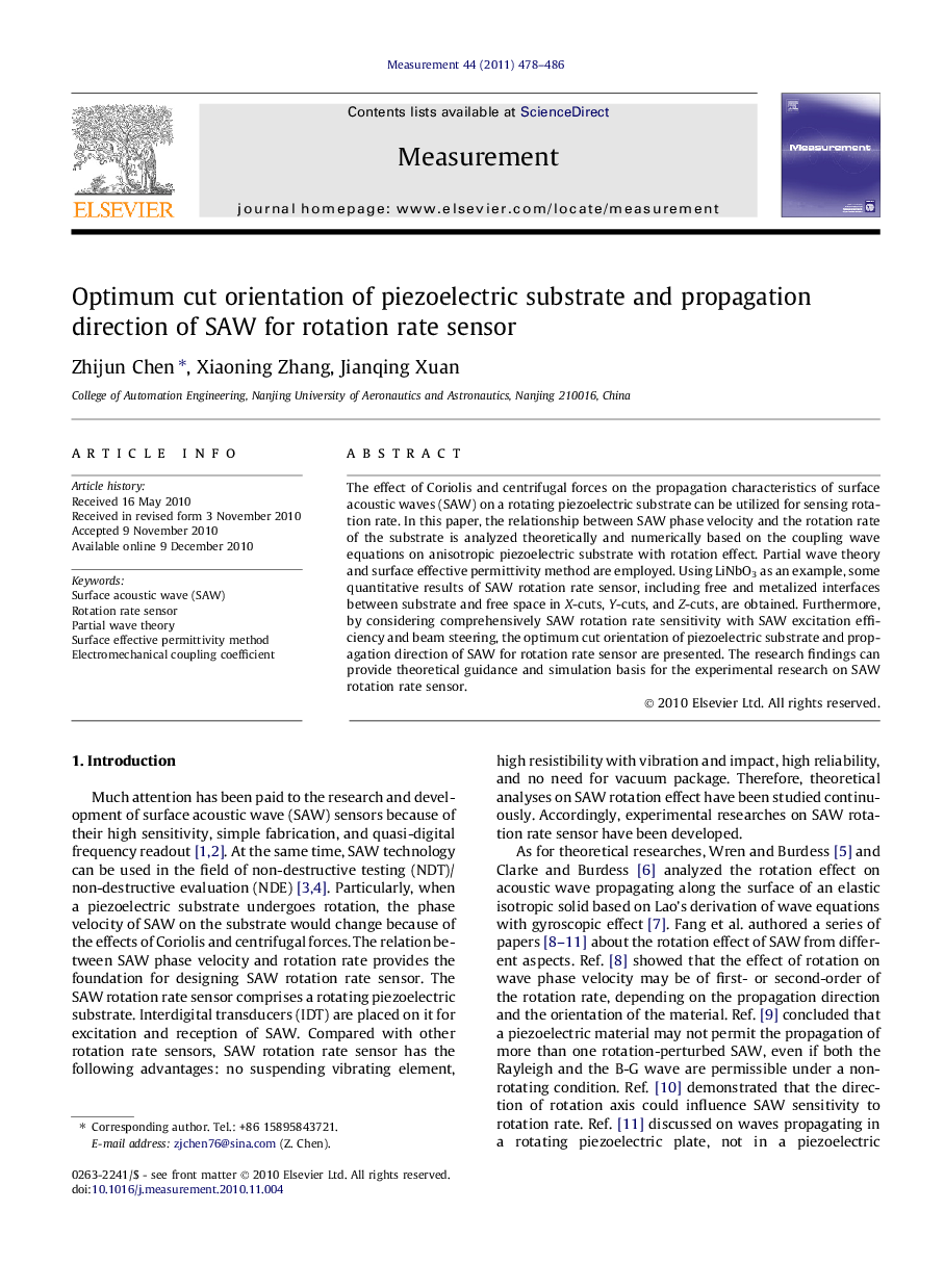 Optimum cut orientation of piezoelectric substrate and propagation direction of SAW for rotation rate sensor