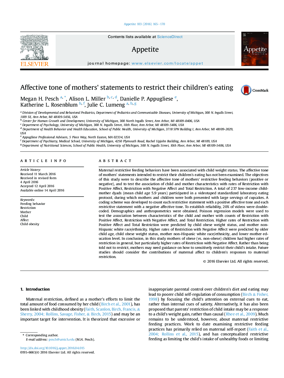 Affective tone of mothers' statements to restrict their children's eating