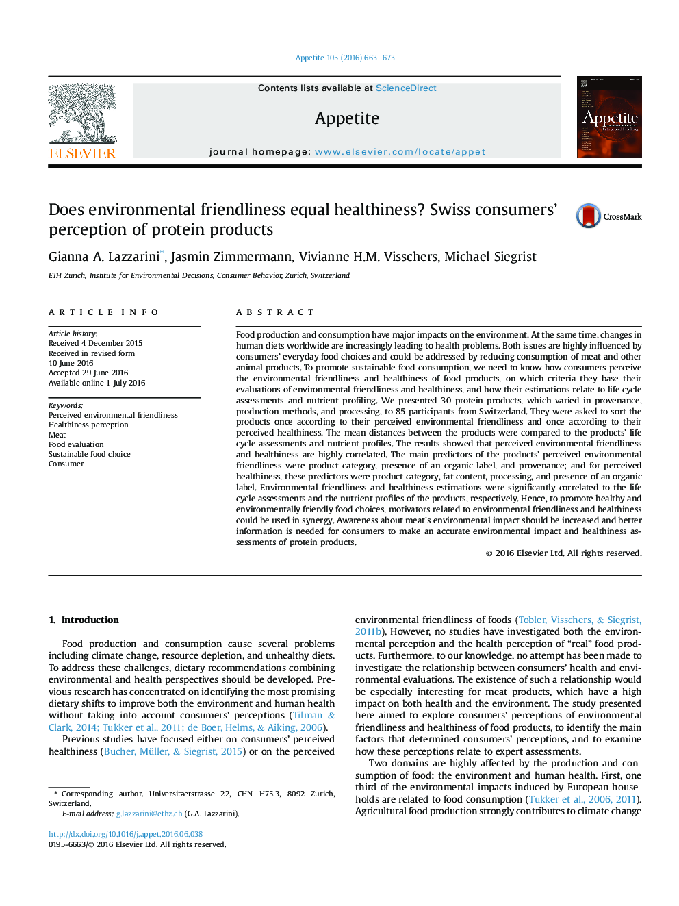 Does environmental friendliness equal healthiness? Swiss consumers' perception of protein products