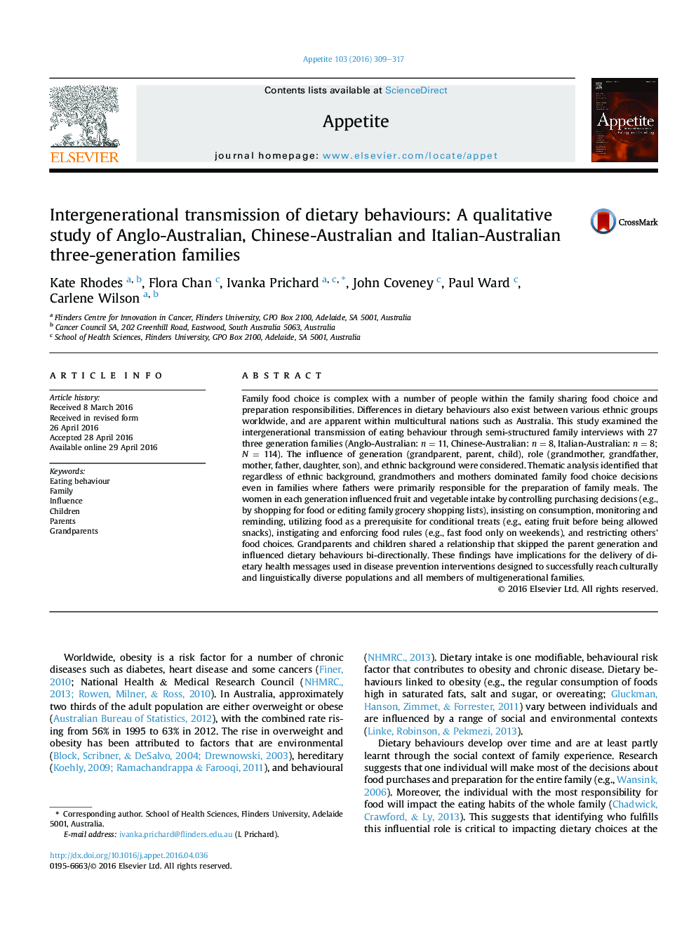 انتقال بین نسلی رفتارهای رژیم غذایی: مطالعه کیفی نسلهای نسل سوم آنگلو-استرالیا، چینی-استرالیایی و ایتالیایی-استرالیا 