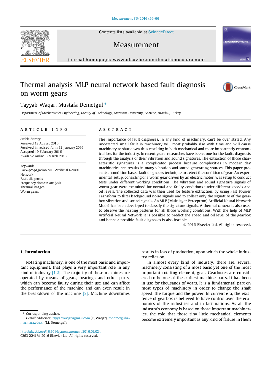 Thermal analysis MLP neural network based fault diagnosis on worm gears