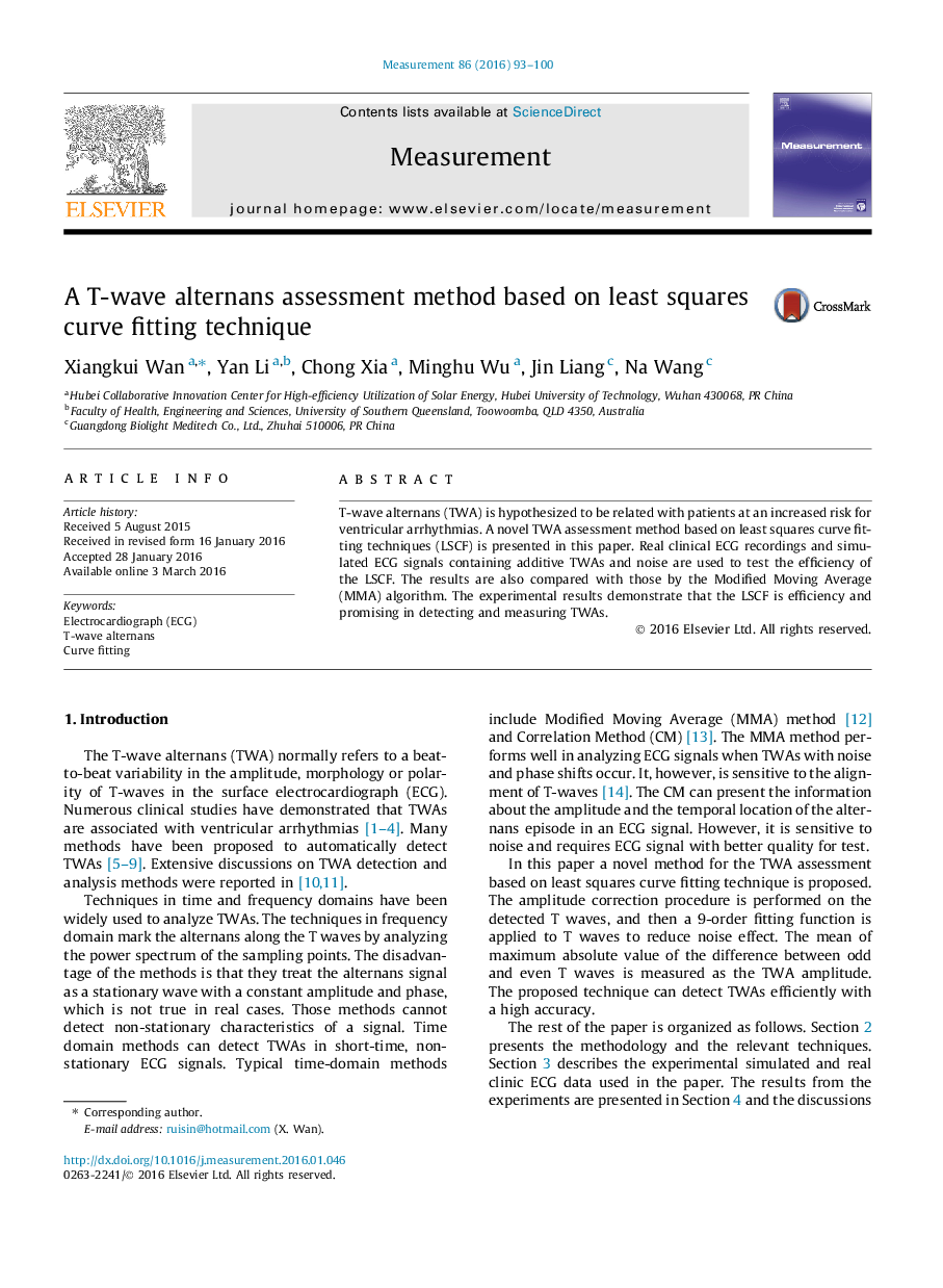 A T-wave alternans assessment method based on least squares curve fitting technique