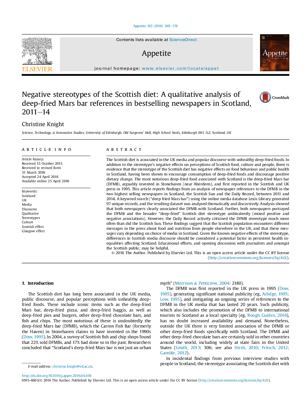 Negative stereotypes of the Scottish diet: A qualitative analysis of deep-fried Mars bar references in bestselling newspapers in Scotland, 2011-14