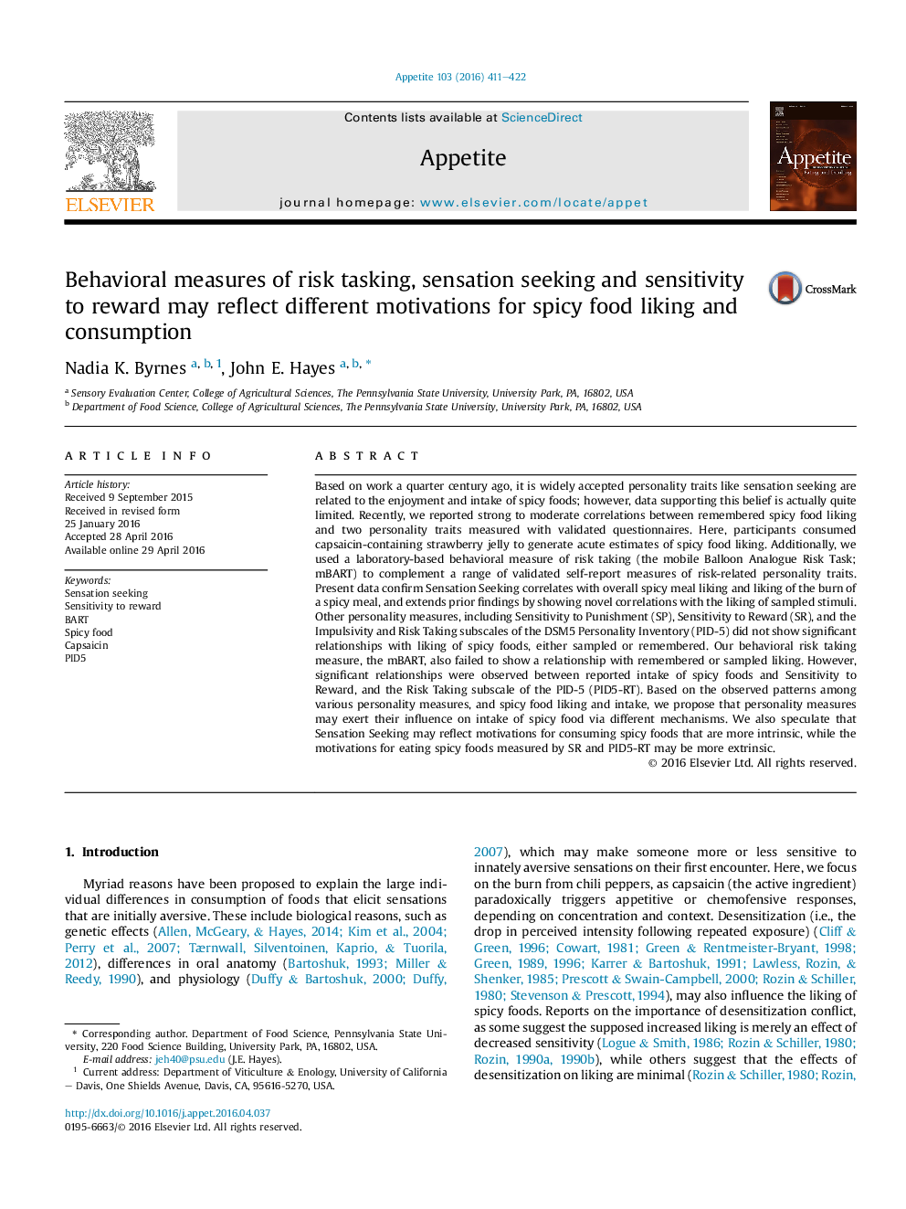 Behavioral measures of risk tasking, sensation seeking and sensitivity to reward may reflect different motivations for spicy food liking and consumption