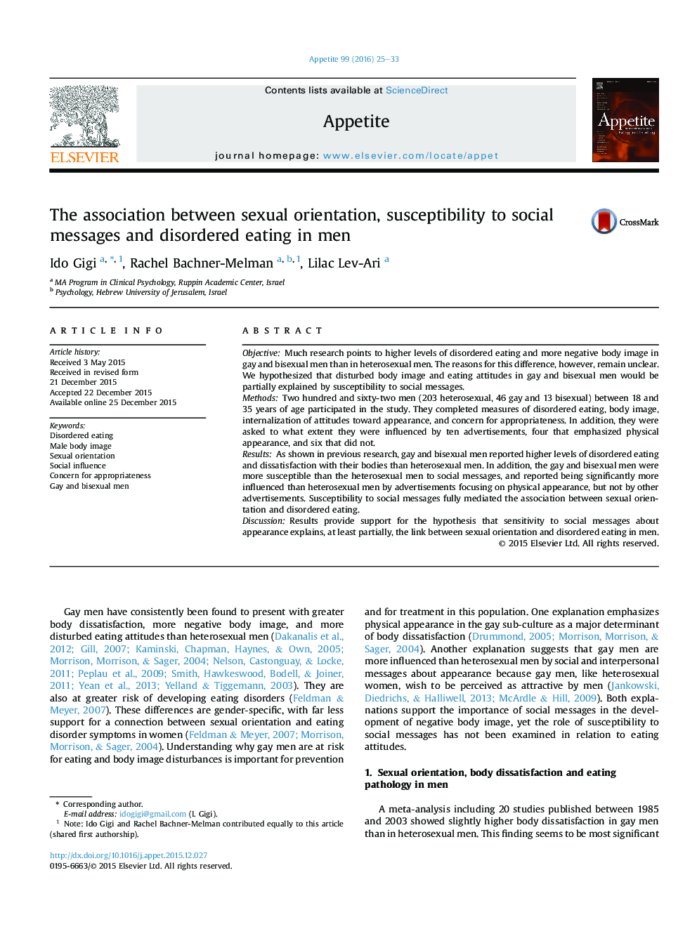 The association between sexual orientation, susceptibility to social messages and disordered eating in men