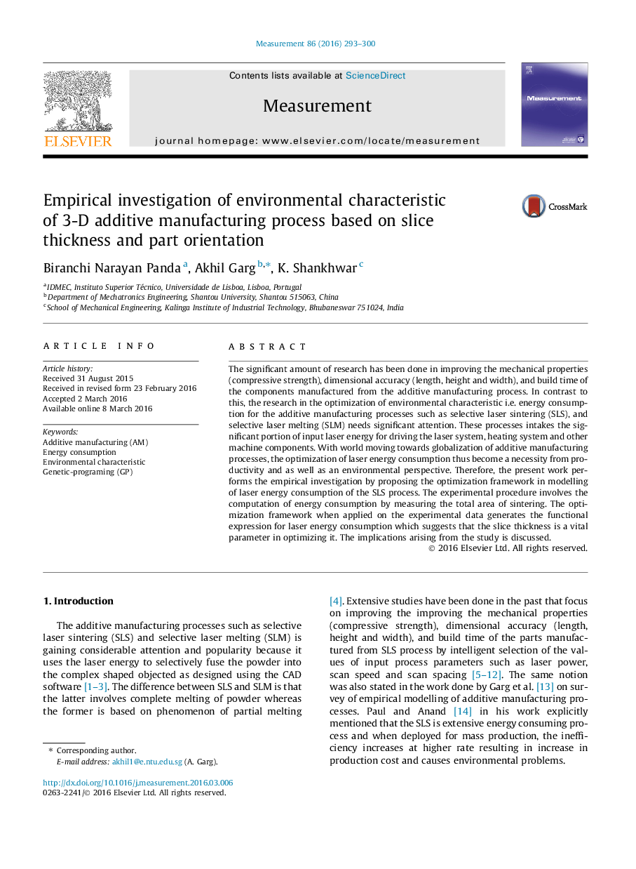 Empirical investigation of environmental characteristic of 3-D additive manufacturing process based on slice thickness and part orientation