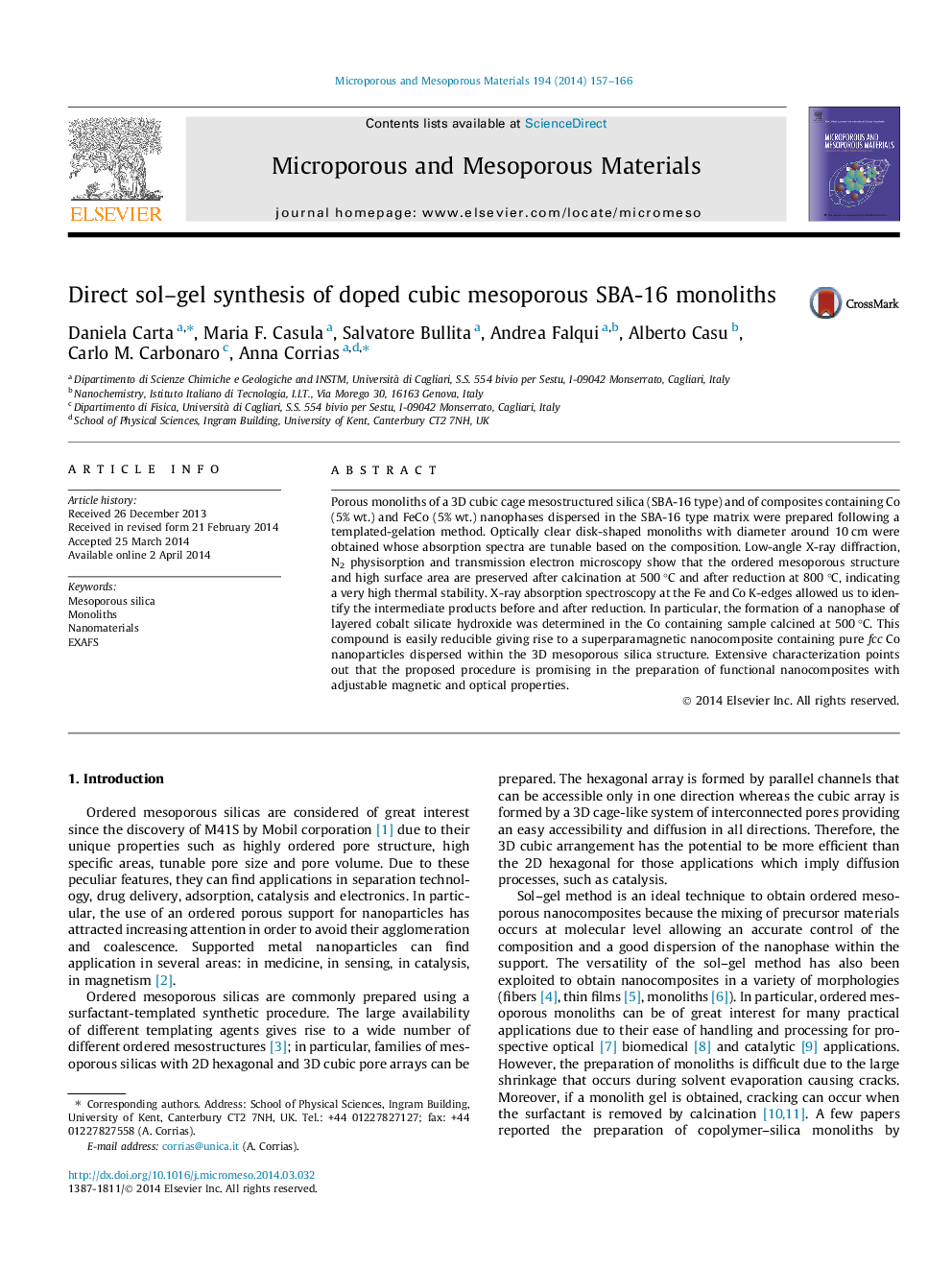 Direct sol–gel synthesis of doped cubic mesoporous SBA-16 monoliths