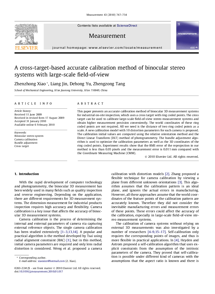 A cross-target-based accurate calibration method of binocular stereo systems with large-scale field-of-view