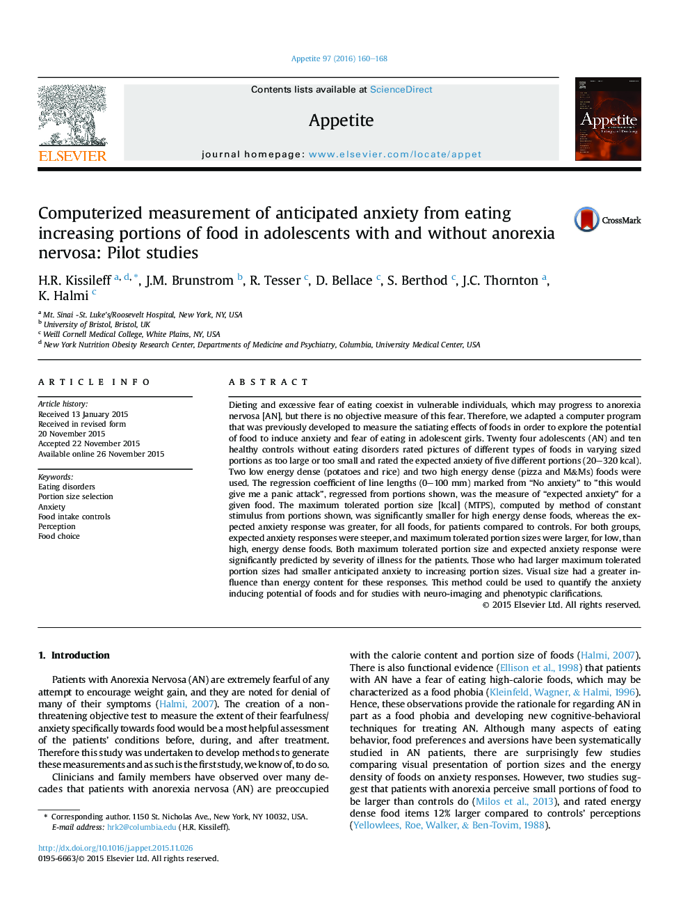 Computerized measurement of anticipated anxiety from eating increasing portions of food in adolescents with and without anorexia nervosa: Pilot studies