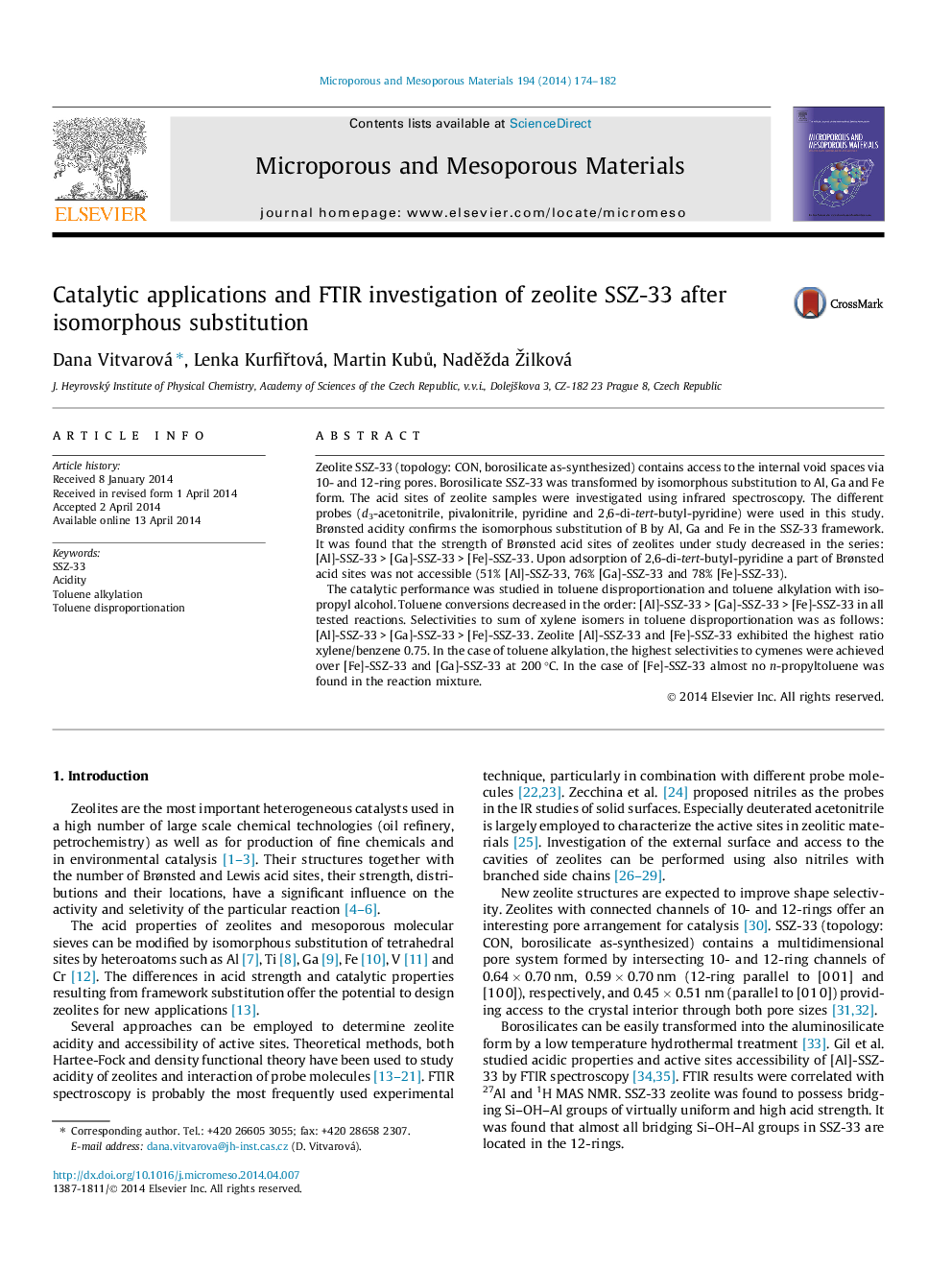 Catalytic applications and FTIR investigation of zeolite SSZ-33 after isomorphous substitution