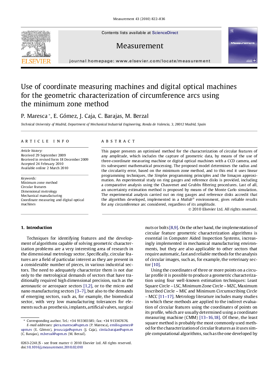 Use of coordinate measuring machines and digital optical machines for the geometric characterization of circumference arcs using the minimum zone method