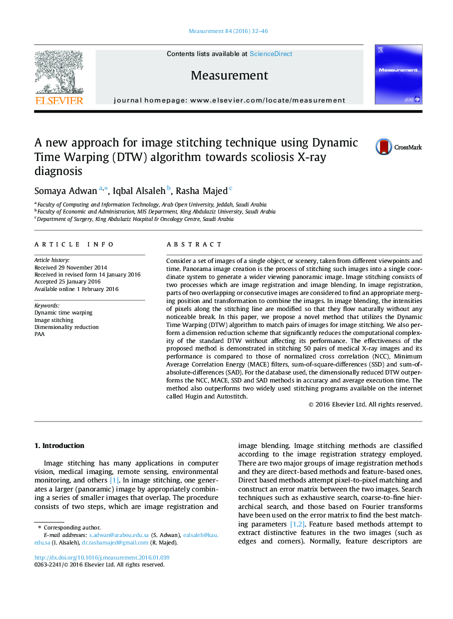 A new approach for image stitching technique using Dynamic Time Warping (DTW) algorithm towards scoliosis X-ray diagnosis