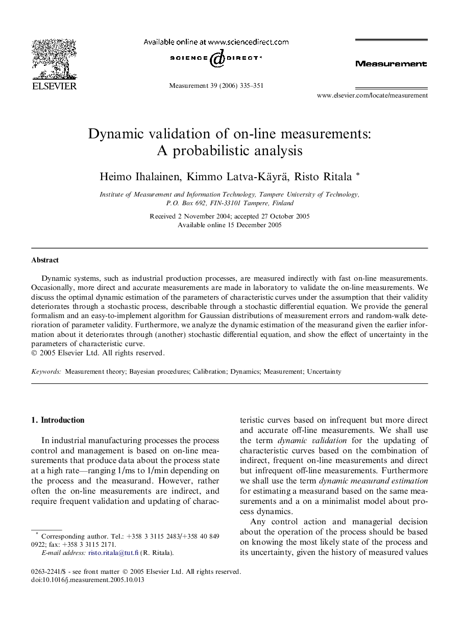 Dynamic validation of on-line measurements: A probabilistic analysis