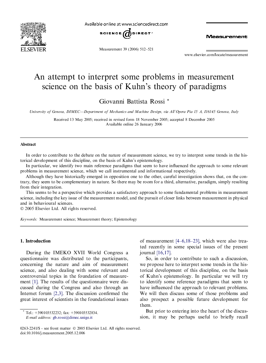 An attempt to interpret some problems in measurement science on the basis of Kuhn’s theory of paradigms