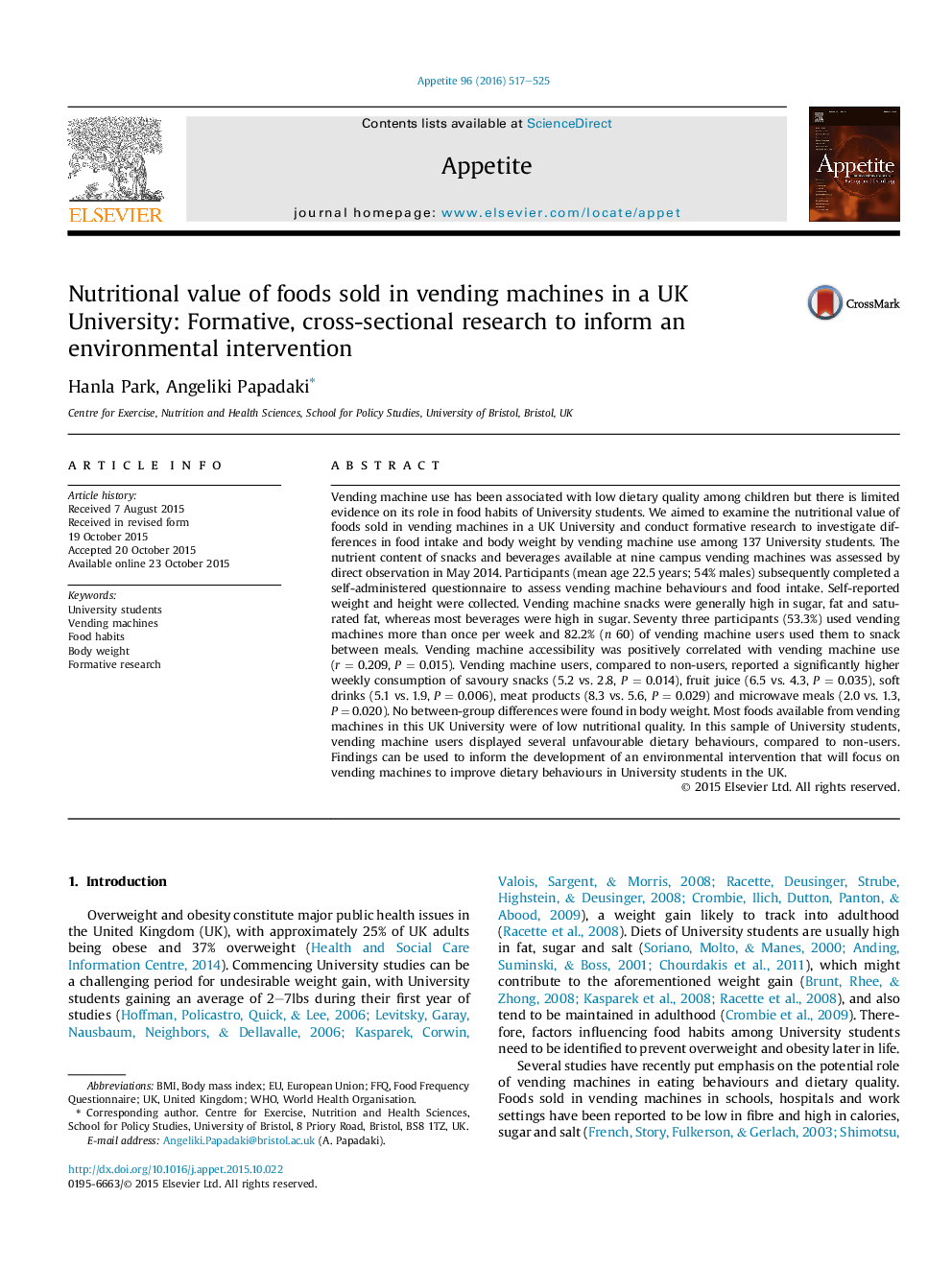 Nutritional value of foods sold in vending machines in a UK University: Formative, cross-sectional research to inform an environmental intervention