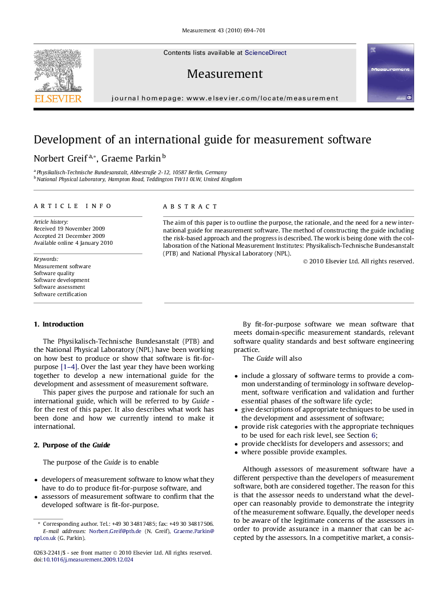 Development of an international guide for measurement software