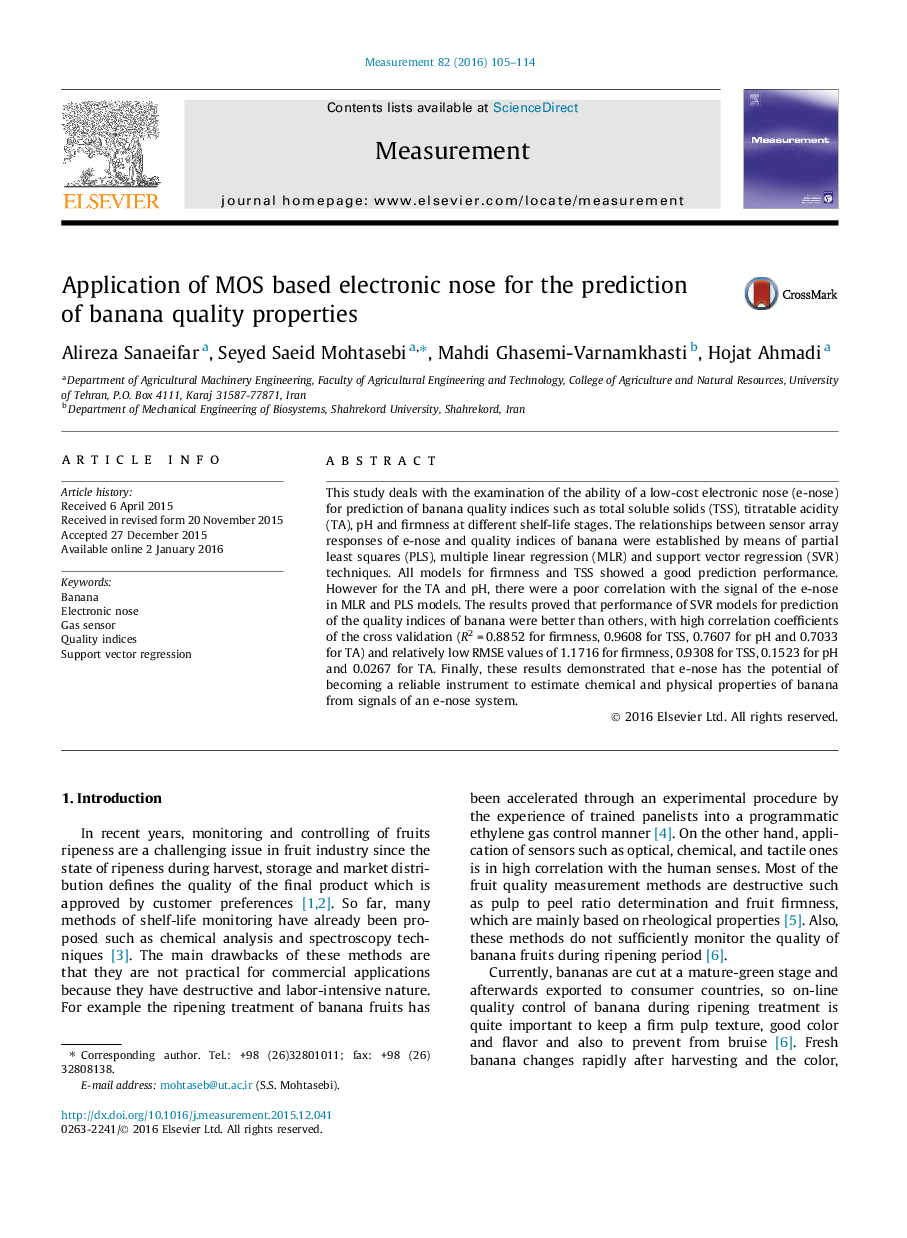 Application of MOS based electronic nose for the prediction of banana quality properties