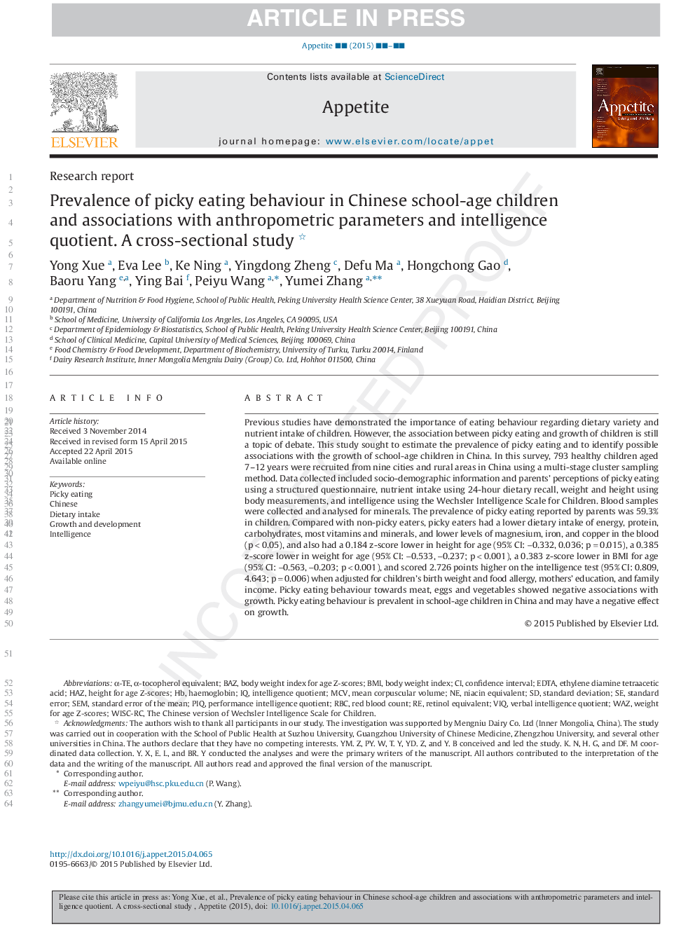 Prevalence of picky eating behaviour in Chinese school-age children and associations with anthropometric parameters and intelligence quotient. A cross-sectional study