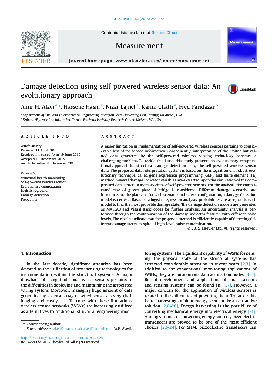 Damage detection using self-powered wireless sensor data: An evolutionary approach