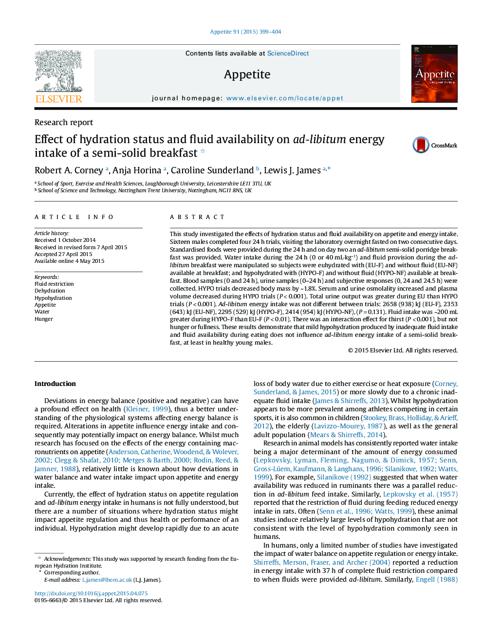Effect of hydration status and fluid availability on ad-libitum energy intake of a semi-solid breakfast