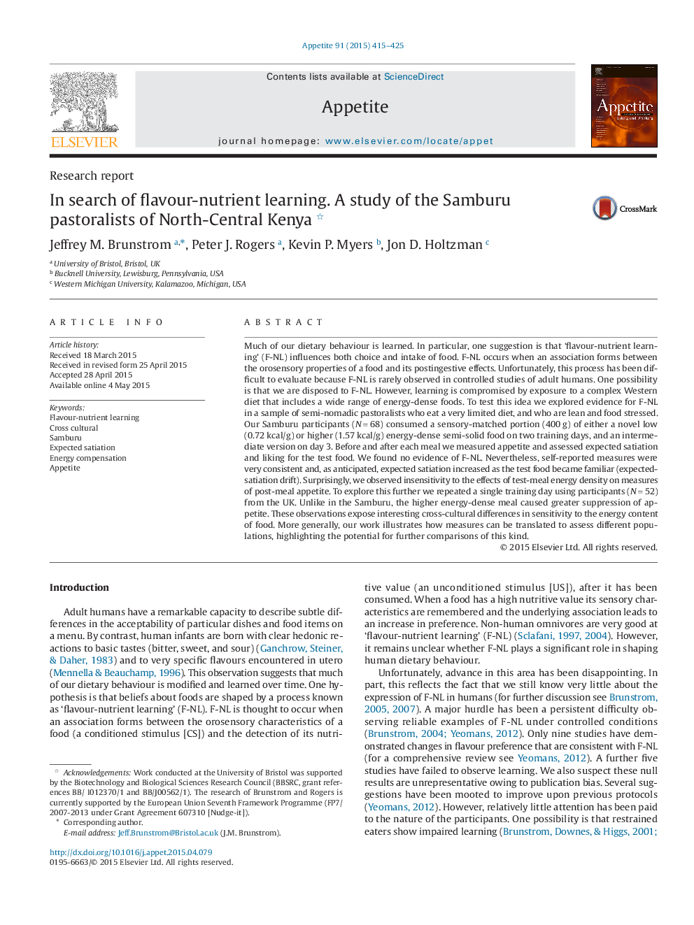 In search of flavour-nutrient learning. A study of the Samburu pastoralists of North-Central Kenya