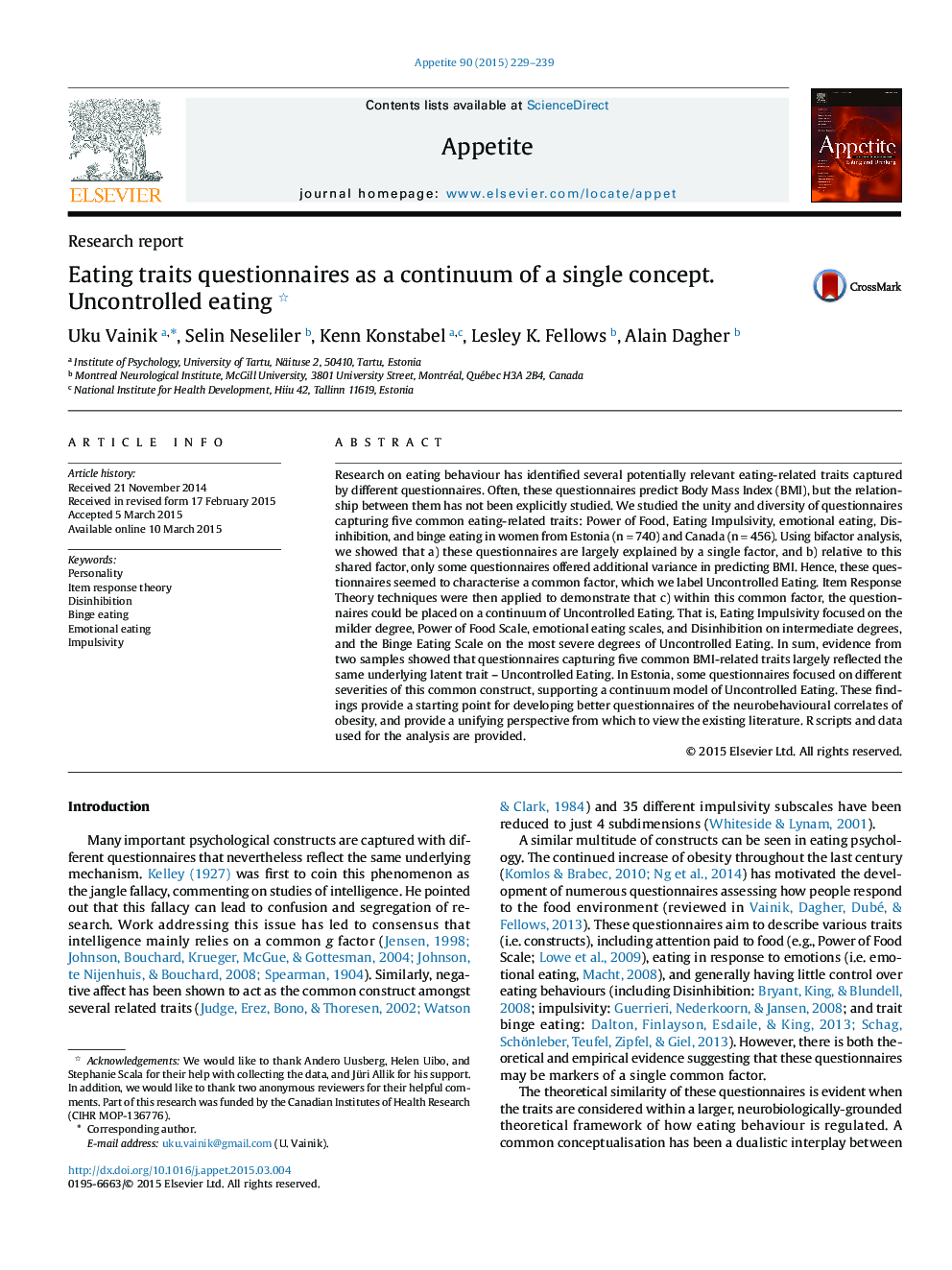 Eating traits questionnaires as a continuum of a single concept. Uncontrolled eating