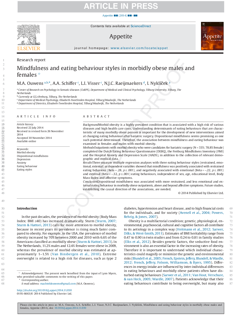 Mindfulness and eating behaviour styles in morbidly obese males and females