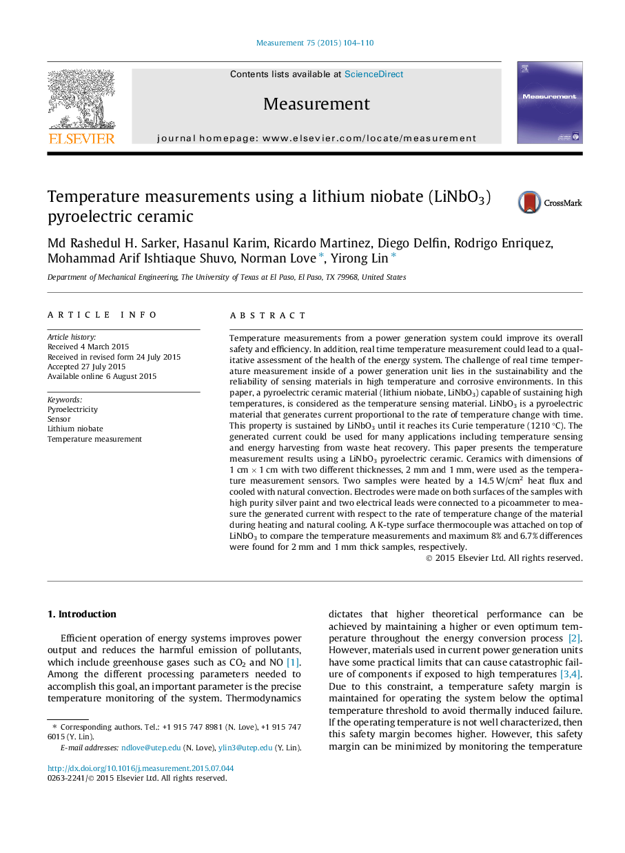 Temperature measurements using a lithium niobate (LiNbO3) pyroelectric ceramic