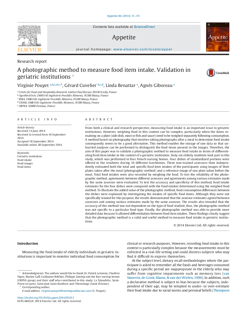 A photographic method to measure food item intake. Validation in geriatric institutions