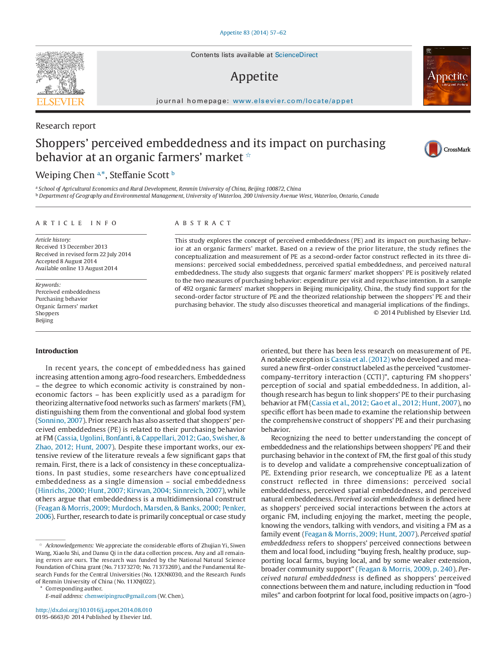 Shoppers' perceived embeddedness and its impact on purchasing behavior at an organic farmers' market