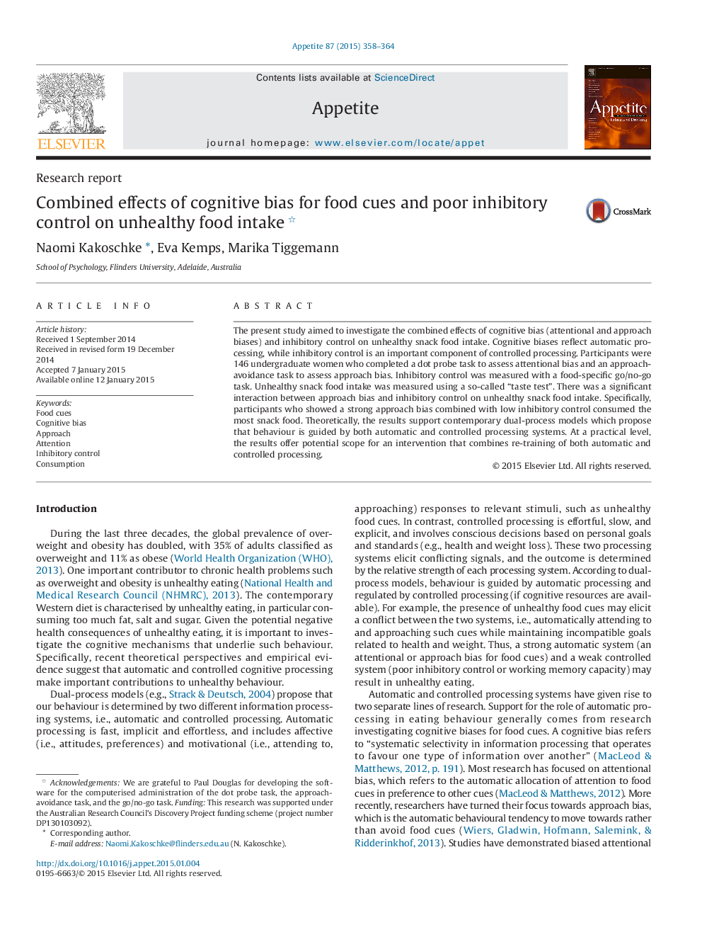 Combined effects of cognitive bias for food cues and poor inhibitory control on unhealthy food intake