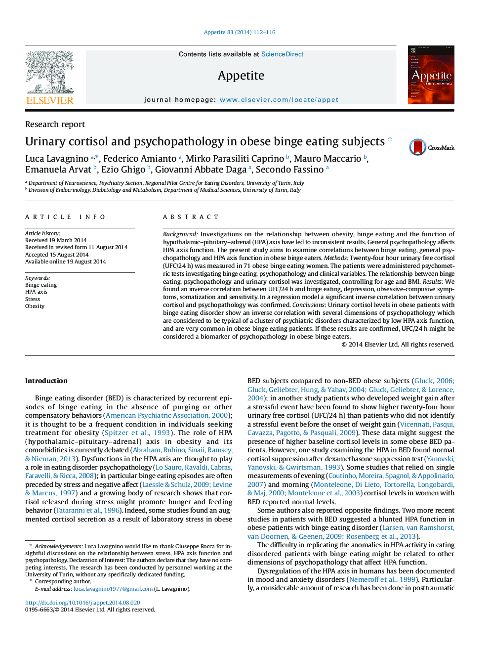 Urinary cortisol and psychopathology in obese binge eating subjects