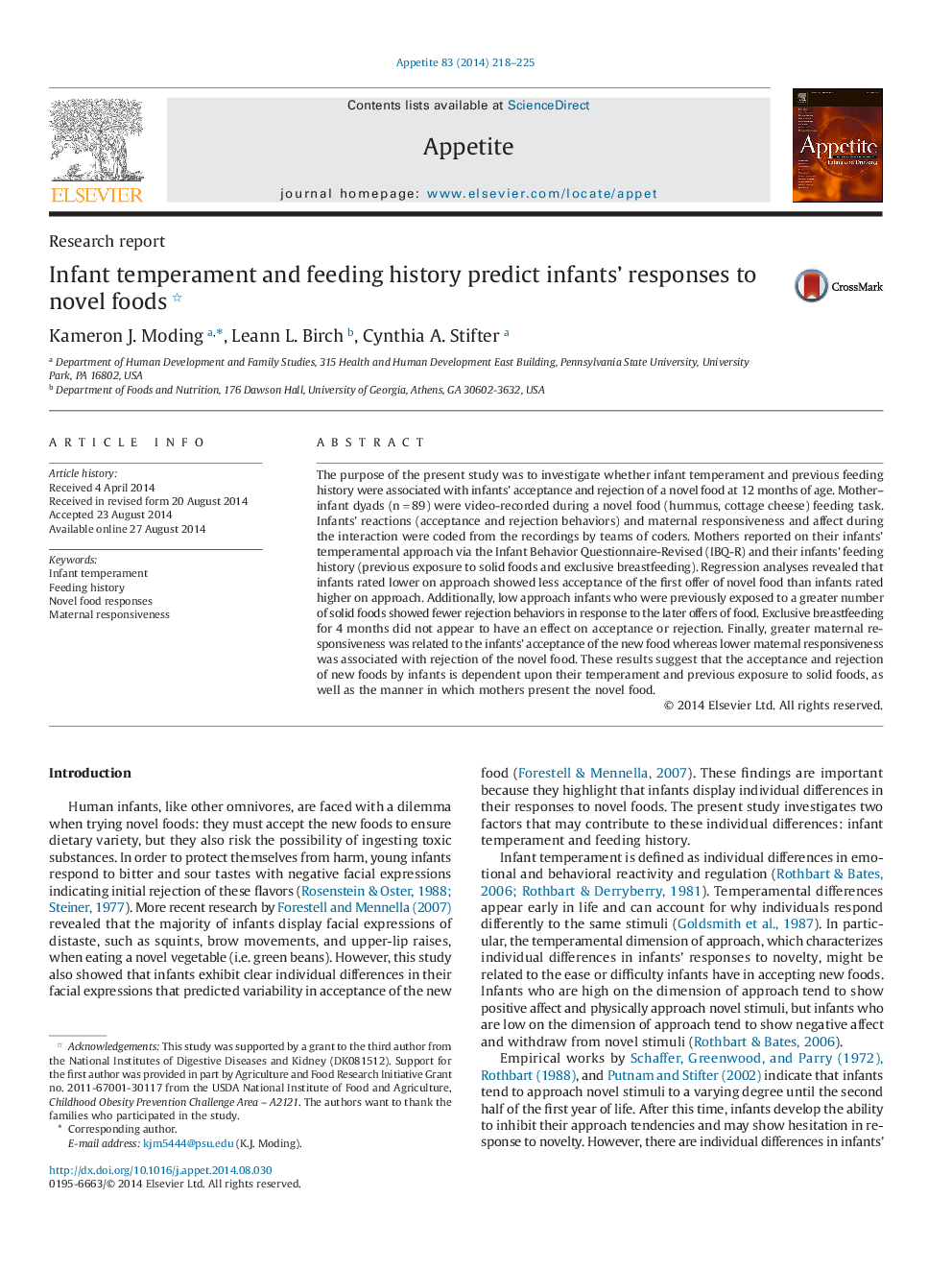 Infant temperament and feeding history predict infants' responses to novel foods