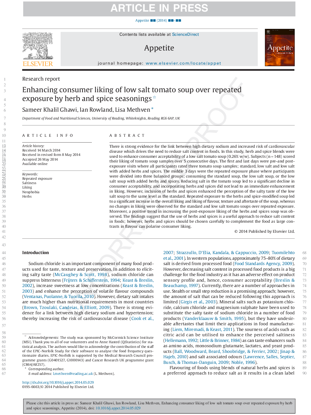 Enhancing consumer liking of low salt tomato soup over repeated exposure by herb and spice seasonings