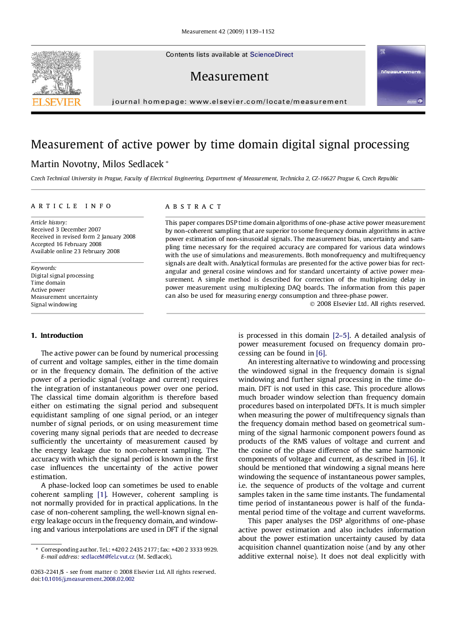 Measurement of active power by time domain digital signal processing