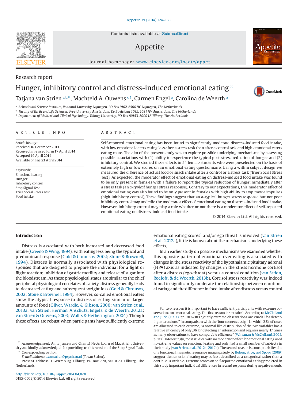 Hunger, inhibitory control and distress-induced emotional eating