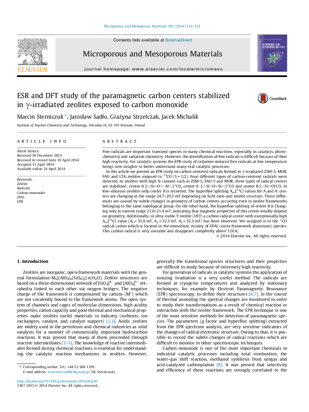 ESR and DFT study of the paramagnetic carbon centers stabilized in γ-irradiated zeolites exposed to carbon monoxide