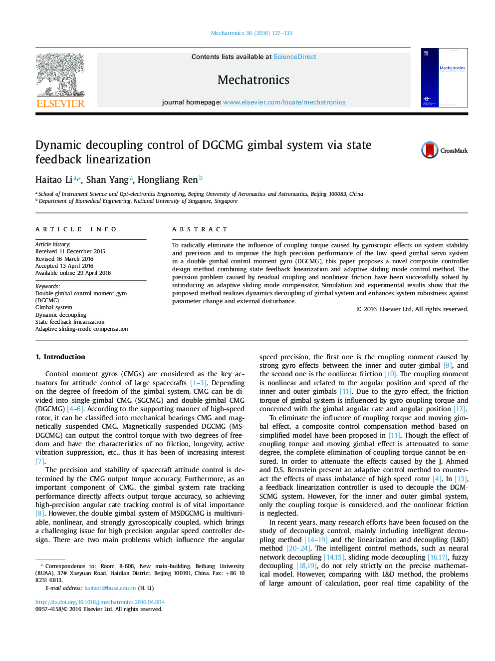 Dynamic decoupling control of DGCMG gimbal system via state feedback linearization