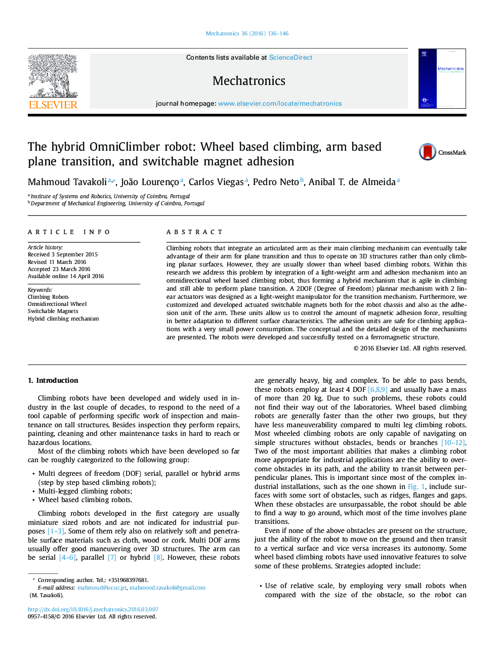 عکس صفحه اول مقاله: The hybrid OmniClimber robot: Wheel based climbing, arm based plane transition, and switchable magnet adhesion The hybrid OmniClimber robot: Wheel based climbing, arm based plane transition, and switchable magnet adhesion