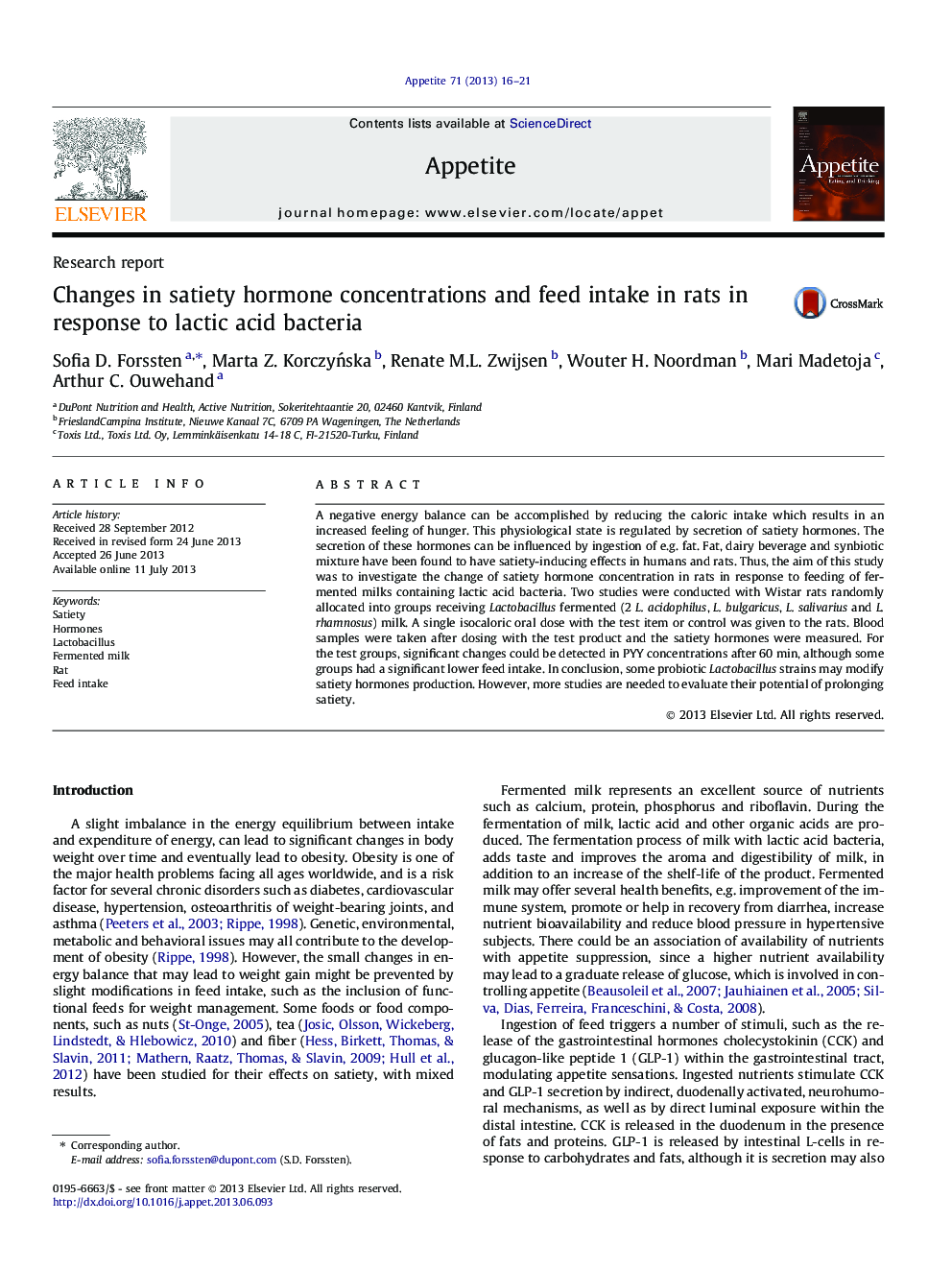 Changes in satiety hormone concentrations and feed intake in rats in response to lactic acid bacteria