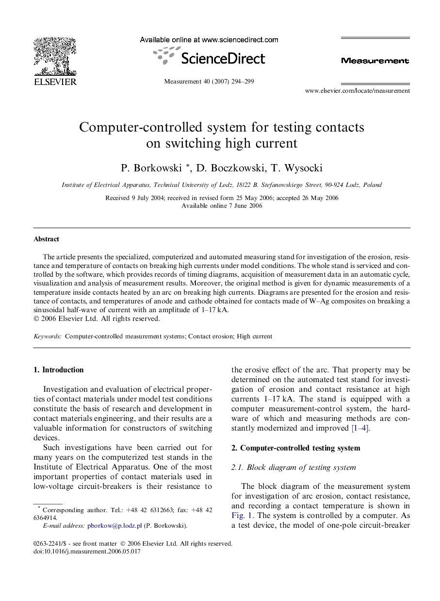 Computer-controlled system for testing contacts on switching high current