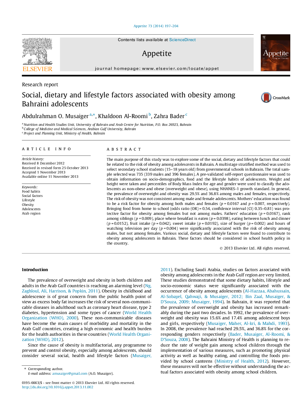 Social, dietary and lifestyle factors associated with obesity among Bahraini adolescents