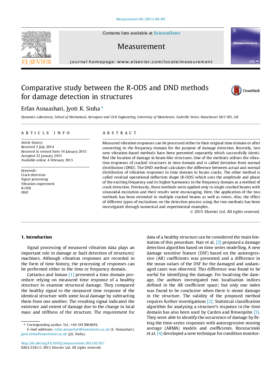 Comparative study between the R-ODS and DND methods for damage detection in structures