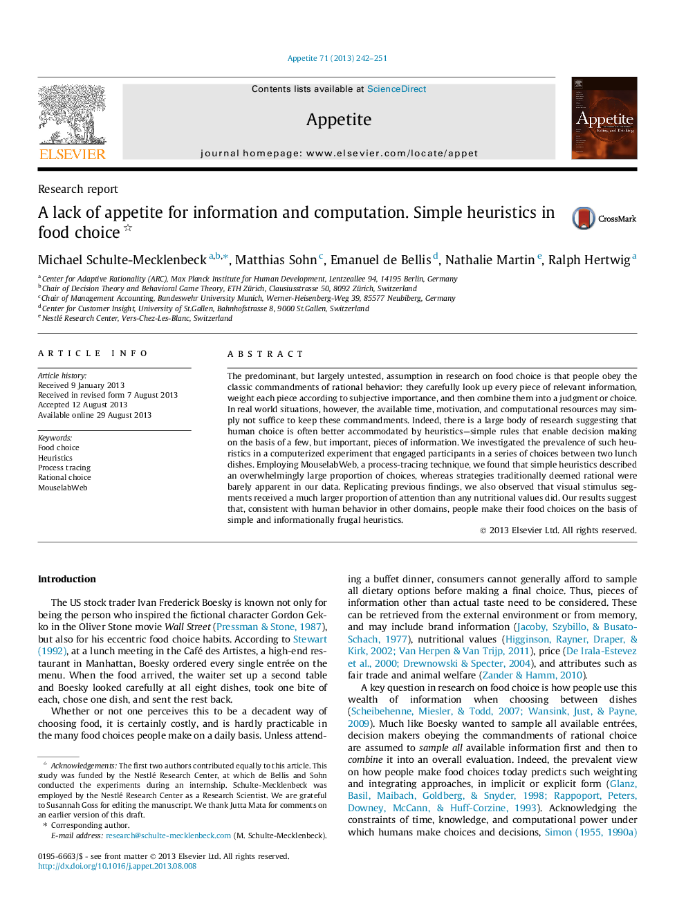 A lack of appetite for information and computation. Simple heuristics in food choice