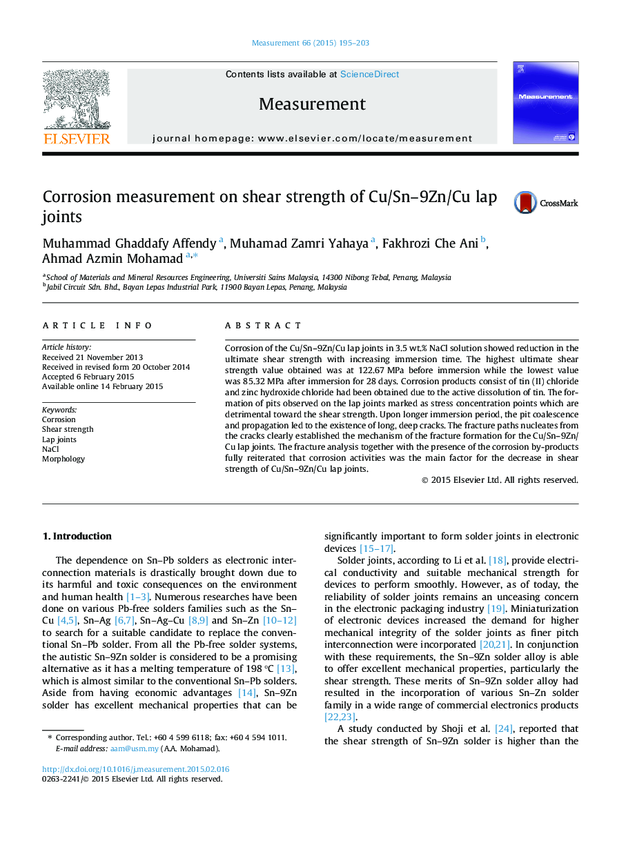 Corrosion measurement on shear strength of Cu/Sn–9Zn/Cu lap joints